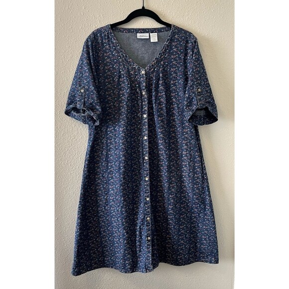 Vermont Country Store Denim Dress Womens Sm Floral Button Front Cottage Prairie - Picture 1 of 15